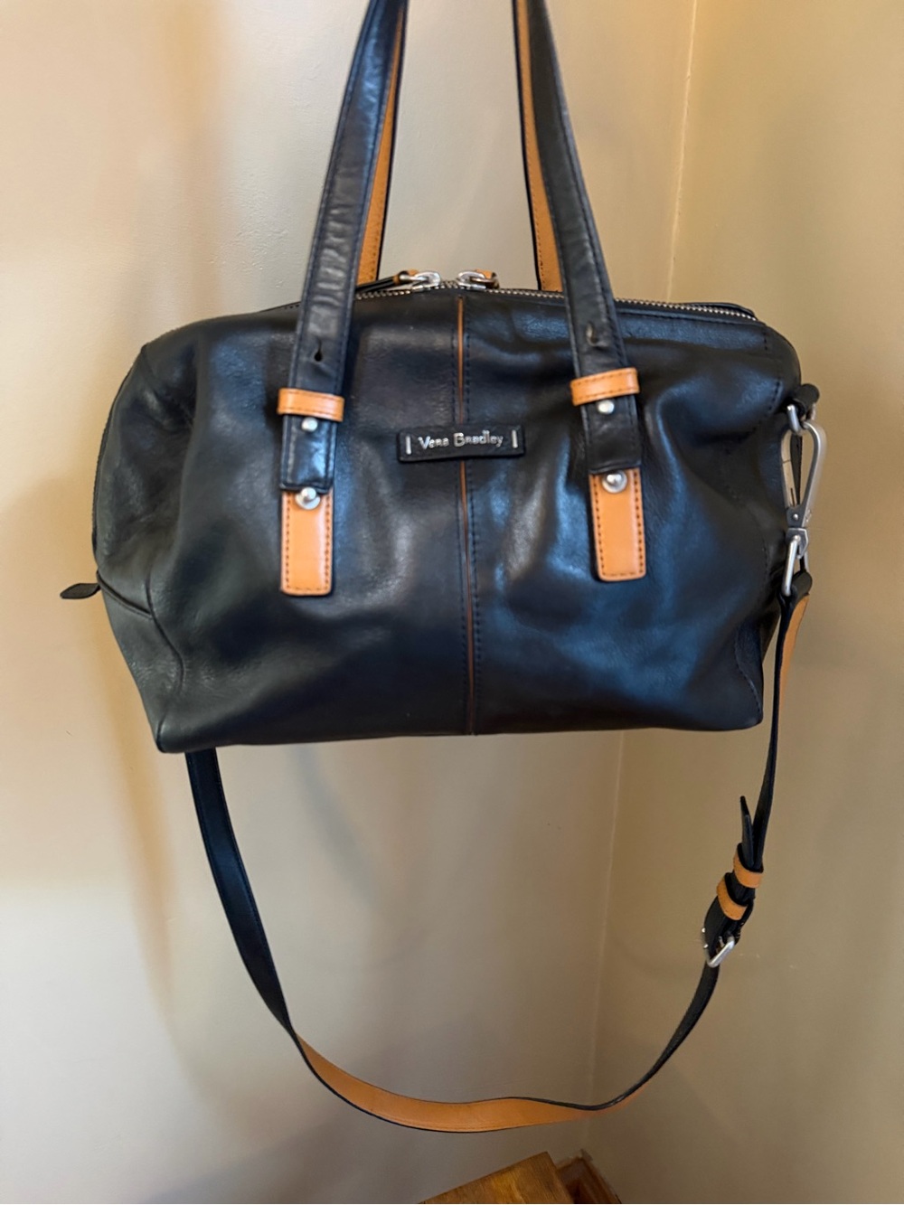 Vera Bradley Gallatin Satchel Bag Black Leather Tan Top Handles & Shoulder Strap